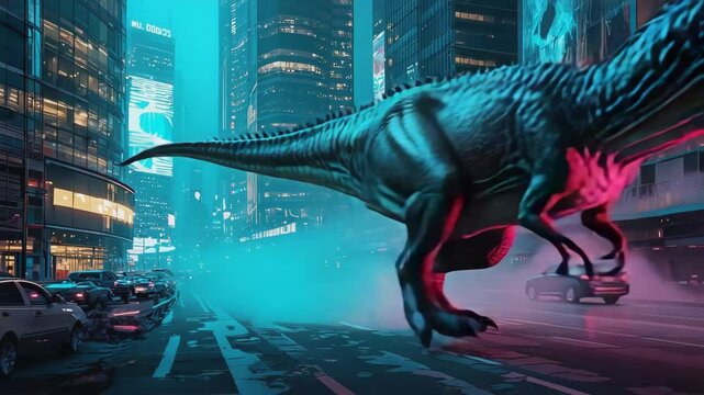 A neon-lit cityscape with a giant T-Rex amidst busy traffic.