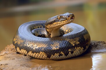 Obraz premium A powerful anaconda coiled on a riverbank,
