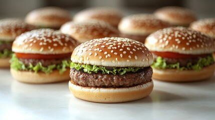 A close-up view of a delicious hamburger with sesame seed bun, lettuce, and tomato, surrounded by similar burgers