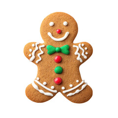 Gingerbread man cookie decorated with icing and candies. Concept of Christmas, holiday, and baking.