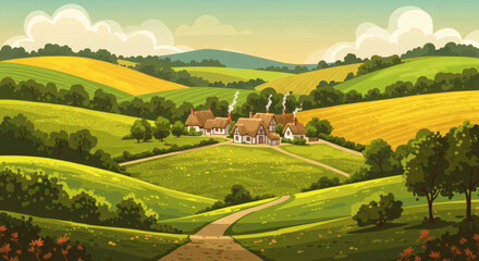 Fototapeta premium Colorful Countryside Landscape. Scenic Village with Hills, Trees, and Traditional Houses.