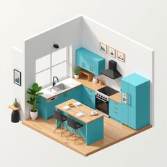 Modern Teal Kitchen Design Isometric View of Contemporary Home Interior with Island