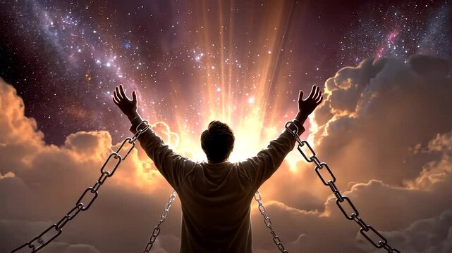 Freed man under sky, chains broken, arms raised in hope and liberation