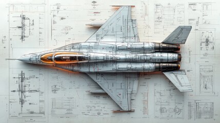 Futuristic Fighter Jet Design: A Top-Down View on Technical Drawings