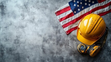 American labor day tribute with safety gear and flag.