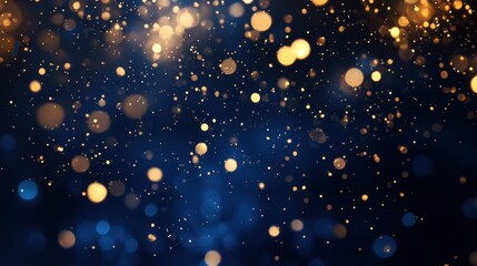 Obraz premium An image featuring golden bokeh lights on a dark blue background, creating a magical and festive atmosphere.