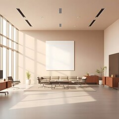  3D rendered image of a minimalist office interior. A blank wall is prominently featured for a poster mockup. Modern furniture and large windows contribute to a bright, open space.