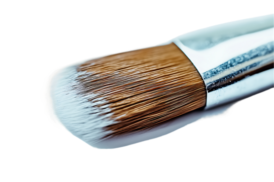 Cosmetic Brush Tip: White Paint on Brown Bristles, Silver Ferrule, Macro Isolated