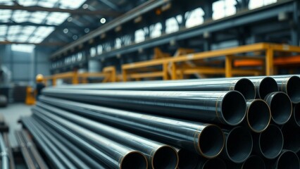A stack of steel pipes in a warehouse or factory with a blurry background