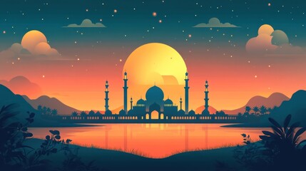 Obraz premium Mosque sunset lake landscape night illustration