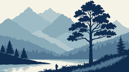 Tranquil Mountain Scene with Lone Tree by Lake &ndash; Vector Nature Art