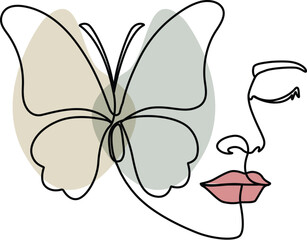 Butterfly woman face drawing elegant line art. 