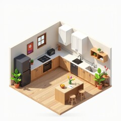 Fototapeta premium Modern Isometric Kitchen Design Wood Cabinets Appliances Island Plants