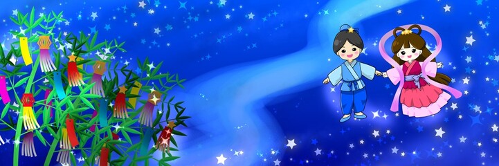 七夕祭りのかわいい手描きTwitter（X）ヘッダー背景壁紙イラスト