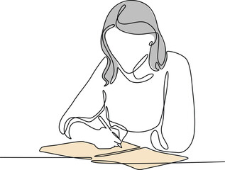 A woman sitting at a table with notebooks, writing line art. 