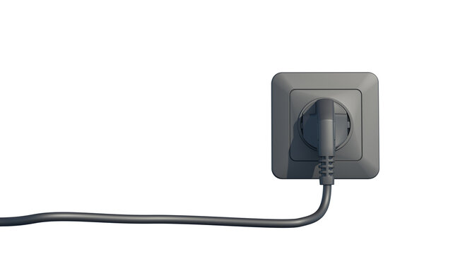 Black electric outlet assembly. Electric plug with a cable connected to the black socket. Isolated on a transparent background. Copy space. 3D illustration.