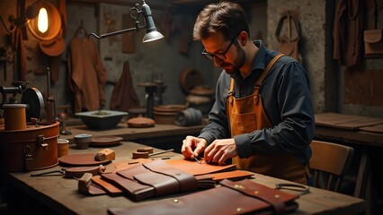 Focused craftsman stitching leather in workshop; handmade artisan leather products and designs