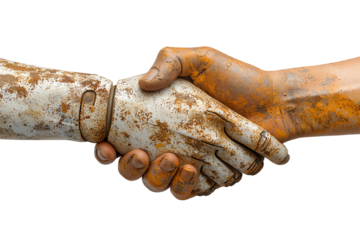 The bond between human and technology: A close-up shot shows a handshake between a human hand and a robotic hand, symbolizing unity, collaboration, and technological progress.