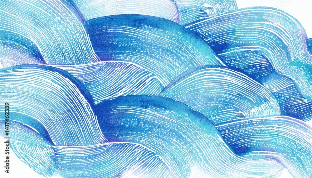 Poster  abstract blue wave texture for wellness ads and calming editorial, featuring dynamic brush lines and vibrant color in minimalist form