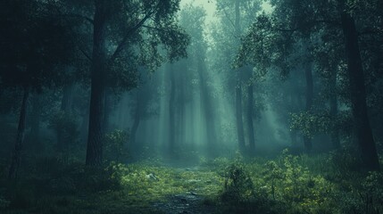 Obraz premium Misty forest path, sun rays, nature background, fantasy game