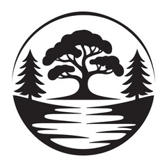 Stylized Vector Black silhouettes circular nature emblem with a tree, two pines, and flowing water reflecting the sky. with white background