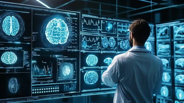 Medical professional analyzing brain scans on a high-tech diagnostic interface screen