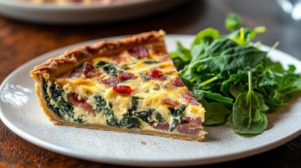 Savory Spinach Quiche Slice with Greens on a White Plate