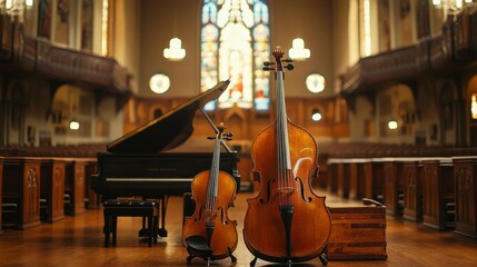 Instruments in a Church: Violin, Cello, and Grand Piano Setup