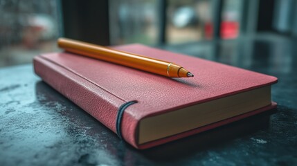 A close-up of a red notebook with a yellow pen resting on it, set on a dark surface with blurred background