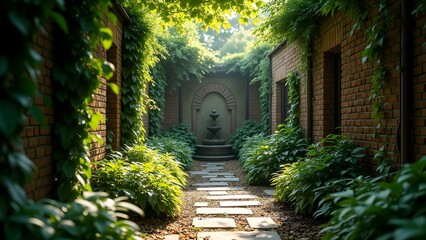 Serene Garden Pathway with Water Fountain, Lush Greenery, and Ivy Covered Brick Walls.
