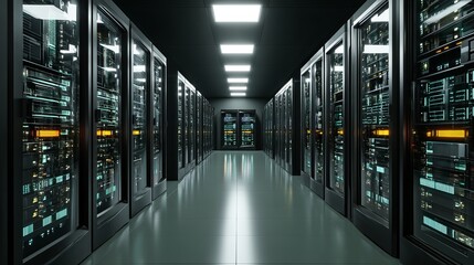 Dark tech facility with working server racks IoT cloud computing crypto and data storage 3D render of modern warehouse