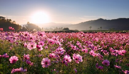 Fototapeta premium field of Pink Cosmos hybrid flower plant blooming under morning sunshine