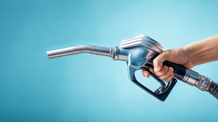 Hands hold fuel nozzle against light blue background Energy and refueling concept