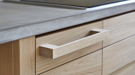Fototapeta premium Close-up of light oak kitchen drawer pulls on light wood cabinets.