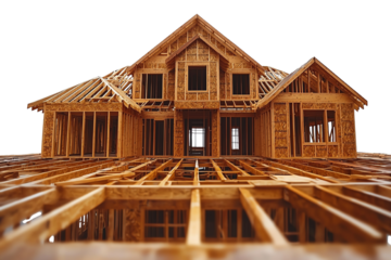 New House Construction: A detailed construction shot of a new house showcasing the framework and architecture. The structural elements of a new home are revealed during its build.