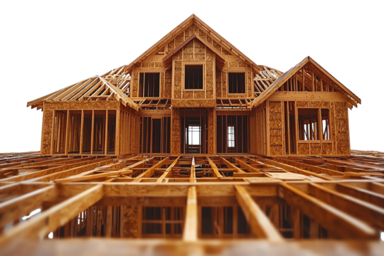 New House Construction: A detailed construction shot of a new house showcasing the framework and architecture. The structural elements of a new home are revealed during its build.