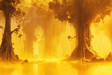 Golden, mystical forest landscape bathed in warm light.