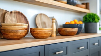 Wooden kitchenware displayed on a gray cabinetry countertop.