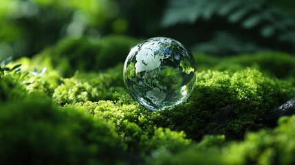 Glass globe placed on lush green moss, embodying environmental awareness and sustainability, ideal for World Wildlife Day representation.