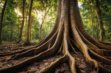 A towering kapok tree in a tropical jungle, its massive