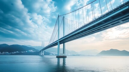 Suspension bridge spans blue waters under a vibrant sky with wispy clouds