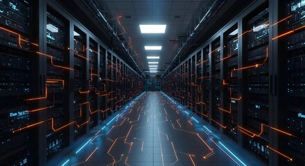 Toma de pasillo en centro de datos en funcionamiento lleno de servidores en rack y supercomputadoras con conexión a Internet. Proyección de visualización.