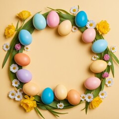 Easter composition frame with pastel painted eggs, yellow daffodils and daisy flowers on light background, spring holiday wreath for greeting card, top view square frame with copy space.