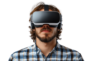 Immersed in Virtual Reality: A man wearing virtual reality headset gazes into the future, blending technology and human experience, a futuristic look on innovation and interaction
