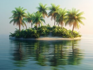 Fototapeta premium Serene tropical island with palm trees reflecting in calm waters at sunset