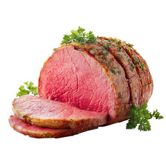 Roasted beef with parsley garnish, sliced. Delicious meat dish for holiday or special occasion.