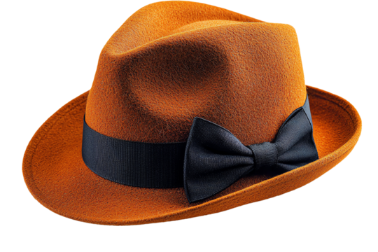 Classic Fedora with Bowtie: An eye-level shot showcases a stylish, orange fedora hat with a black bow tie, conveying timeless fashion elegance and flair.