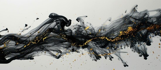 Modern Ink & Gold Splash: Black ink swirling in water with gold leaf accents, dramatic side lighting, minimalist composition