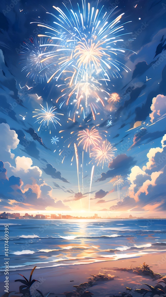 Aufkleber 夜空に咲く花火と夏の海の風景 鮮やかな色彩と光が織りなす祝祭の瞬間