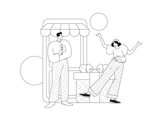 Holiday shopping people doing e-commerce online shopping flat vector concept operation hand drawn illustration
